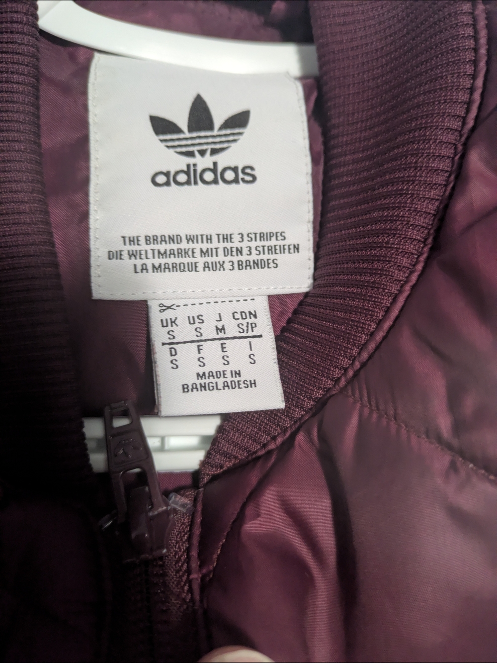 adidas Maroon Quilted Bomber Jacket with White Stripes - Picture 2 of 3